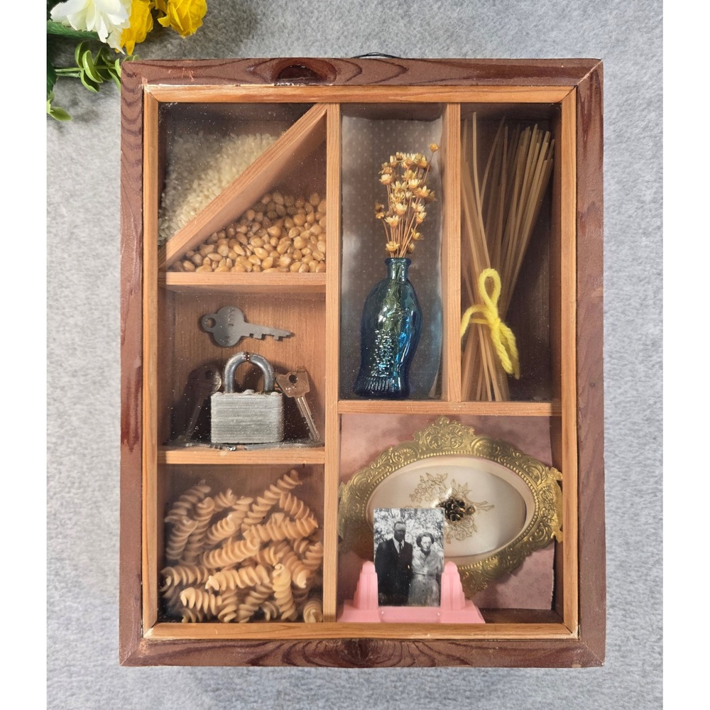Vintage 70s Shadow Box Wall Art Medium Handmade Assemblage Curio Case Grandma
